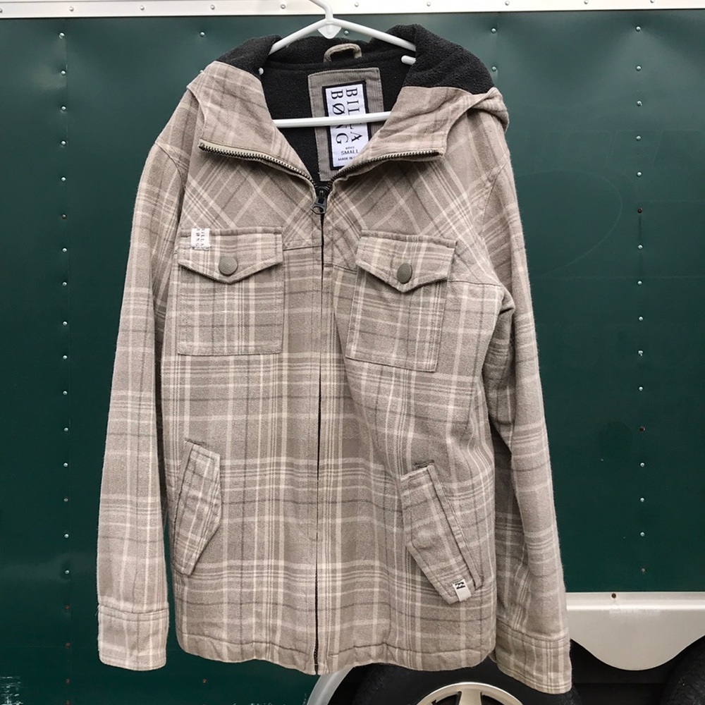 Tan, cream and grey plaid with hood